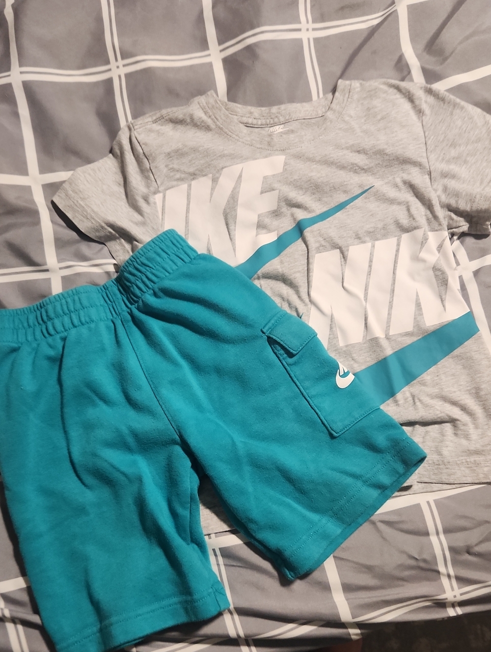 Nike Teal Athletic Shorts with Gray Logo Tee - Kids Set